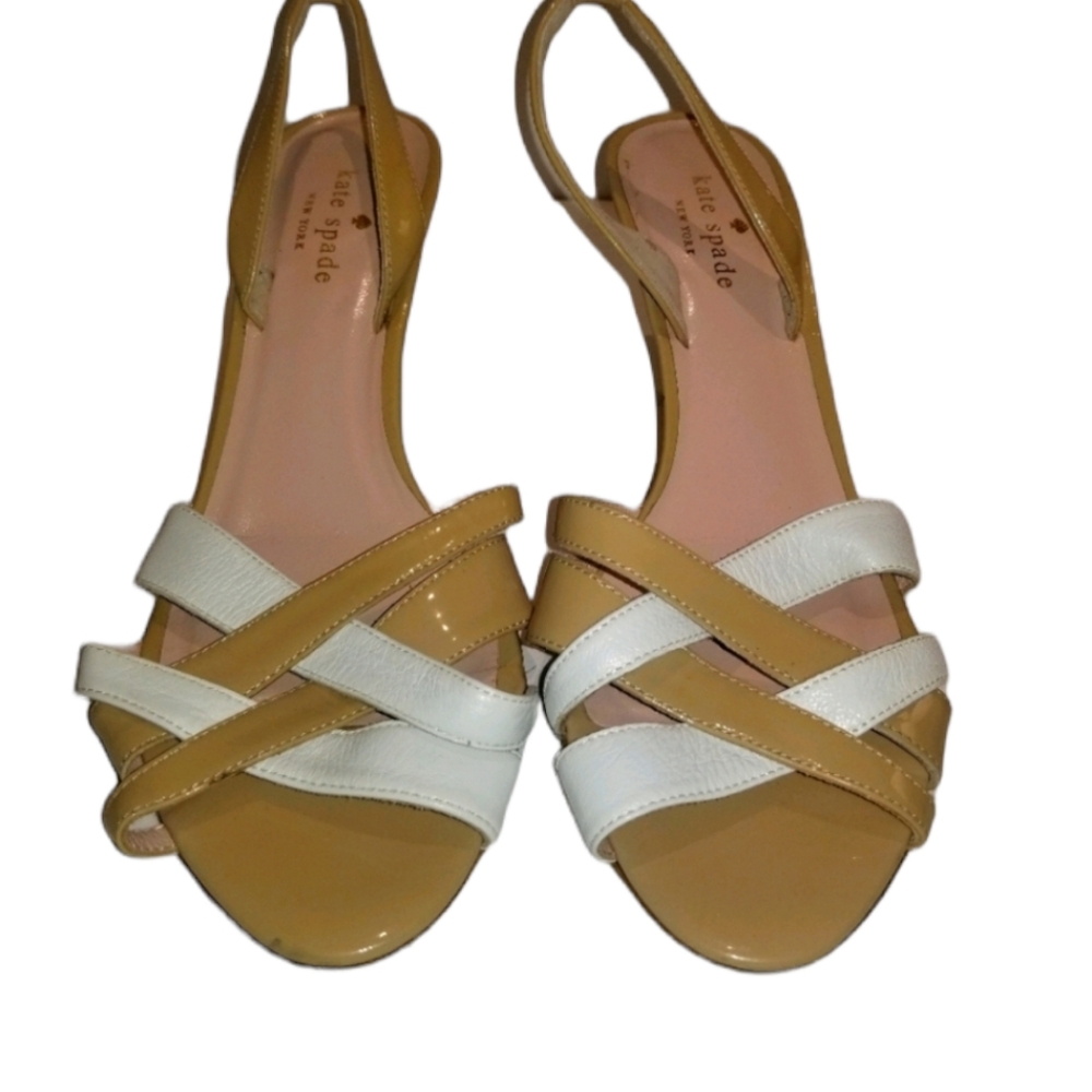 Kate Spade Sandals Heels Sasha Slingback Womens Size 8.5 Tan White